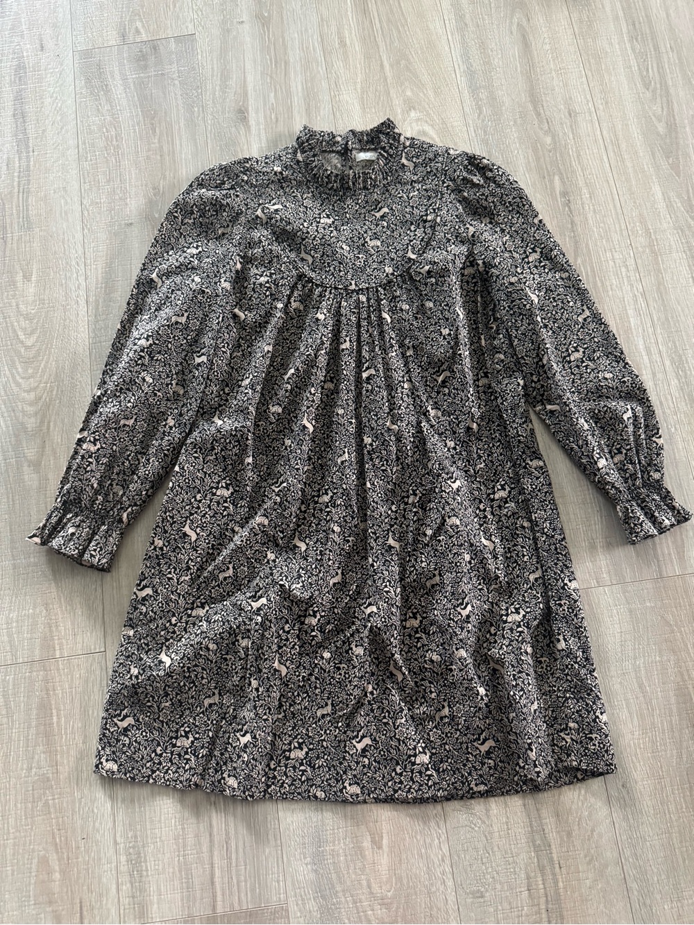 Doen Black Floral Smocked-Neck Long-Sleeve Dress with Pink Accents